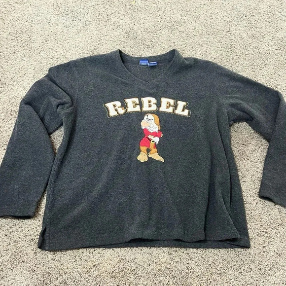 Y2K Vintage 90s Disney Sweatshirt Womens Large Fleece‎ Grumpy Rebel Gray V-Neck - Picture 1 of 11